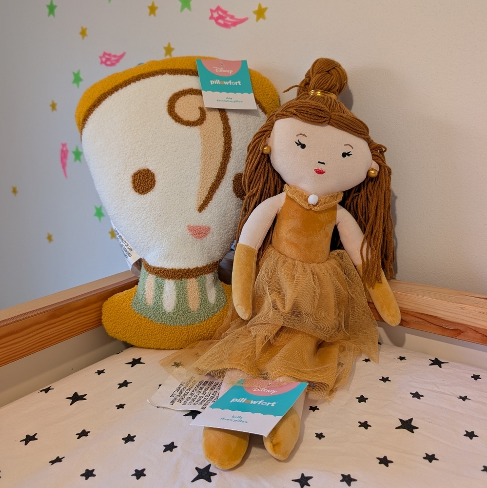 Disney Pillowfort Princess Belle Throw Pillow Doll and Sidekick Chip Bundle